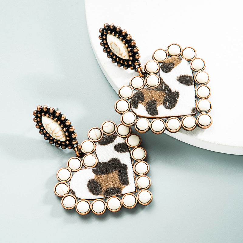 Wholesale Creative leopard print fabric with turquoise heart exaggerated earrings